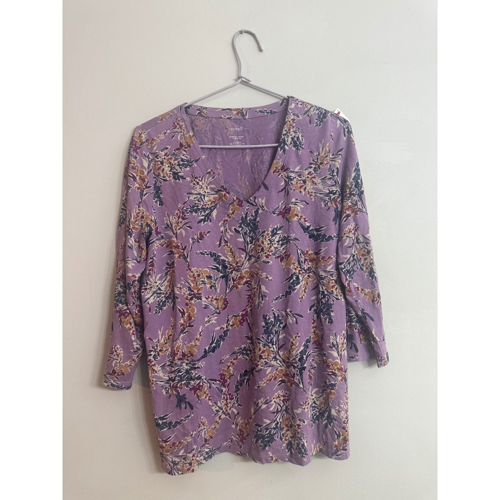 Pure Jill J. Jill Purple Floral V-Neck Tee 3/4 Sleeve Cotton Modal Top Small